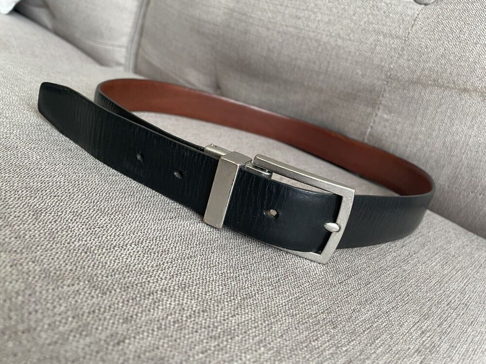 Men's Reversible Leather Dress Belt Rotated Buckle Adjustable Length Black Brown